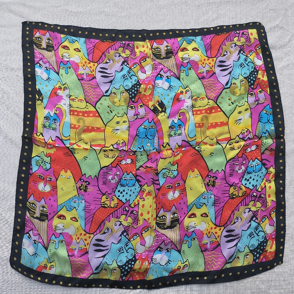 Vintage Laurel Burch 100% Silk Multi Color Cats Scarf